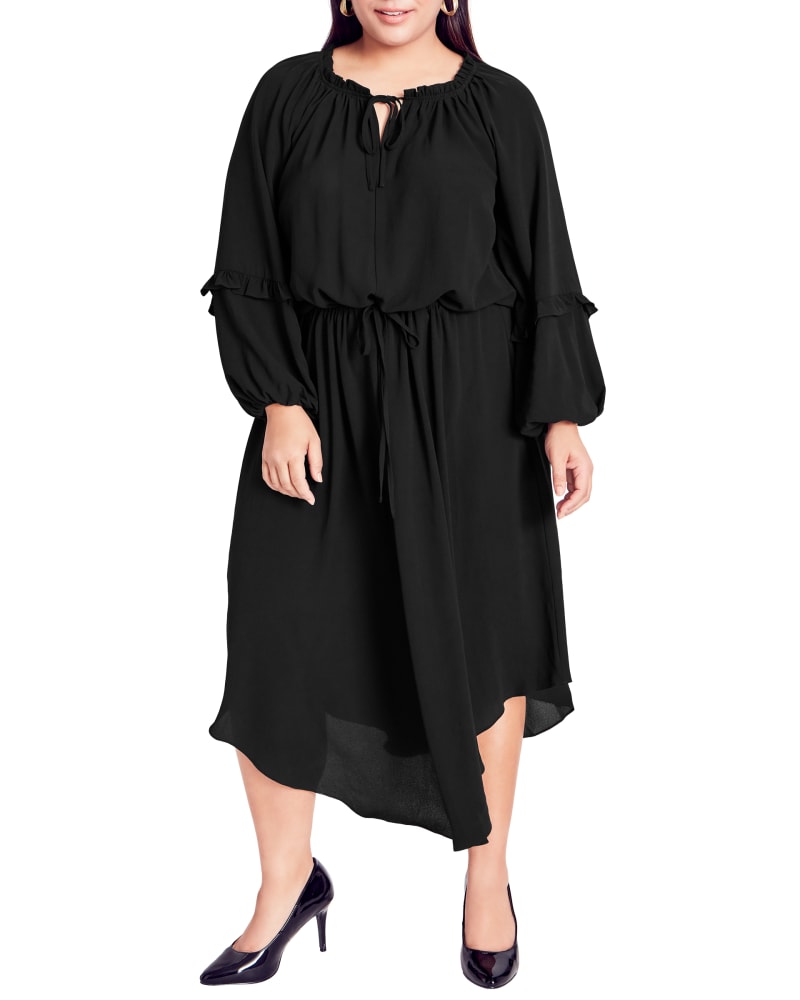 Front of a model wearing a size 14 Trinity Midi Dress in Black by Arna York. | dia_product_style_image_id:234408